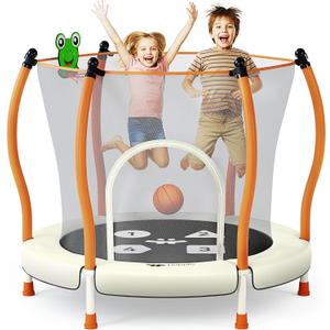 Happin 55 Trampoline for Kids with Safety Enclosure, Indoor & Outdoor Toddler Trampoline, Ultra Safe Design with Multi Activity Accessories, Perfect Toddler Gift for Boys & Girls Ages 18 (Beige-Orange)