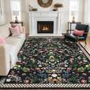 Area Rugs for Living Room: 5'X7' Area Rug Washable Large Low Pile Floral Rug Non Slip Backing Indoor Floor Throw for Bedroom Kitchen Dining Room Playroom Office, Black