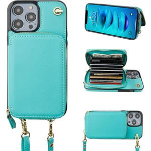 Bocasal Crossbody Wallet Case for iPhone 14 Pro, RFID Blocking Leather Purse Case with Card Holder, Protective Handbag Flip Cover with Slots Zipper Wrist Strap Lanyard Women 5G 6.1 Inch (Mint Green)