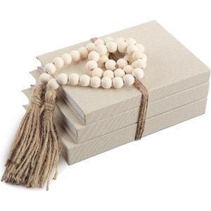 GlikCeil Linen Covered Decorative Books, Set of 3, Coffee Table Books Fabric Book Decor with Wooden Beaded Tassel Neutral Home Decor for Rustic Farmhouse Modern Shelves Tiered Tray