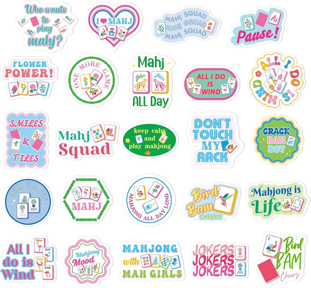 Fuyoooo 24 Pcs Mahjong Stickers 2 Inches Funny Aesthetic Mah Jong Tile Stickers for Water Bottle Scrapbook Skateboard Laptop Luggage Phone Guitar Computer Mahjong Party Supplies Gifts for Women Adult