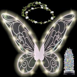 Funcredible Fairy Costume For Women and Girls - Light Up Fairy Wings and Flower Crown, Glitter - Butterfly Wings (White)