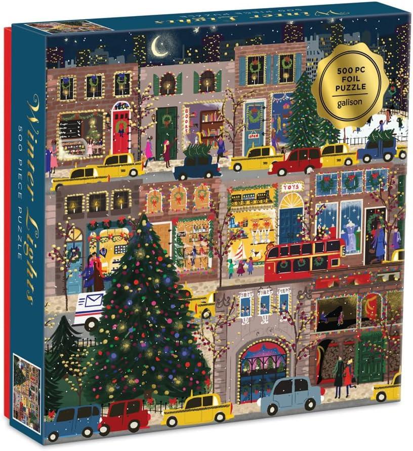 Galison Winter Lights Foil Puzzle, 500 Pieces, 20” x 20” – Holiday Jigsaw Puzzle Featuring a Festive City Scene by Joy Laforme – Thick, Sturdy Pieces, Challenging Family Activity, Great Gift Idea