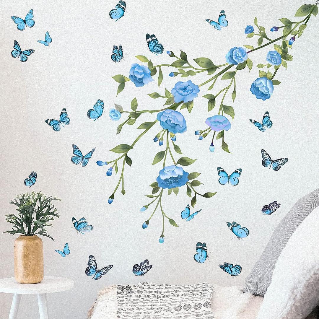 Flower Wall Decals Tree Branch Wall Stickers Peel and Stick Removable DIY Floral Butterflies Wall Decals Tree Leaves Plant Wall Art Stickers Murals for Home Wall Decor (Blue)