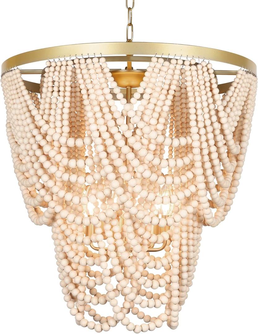6-Light Bohemia Wood Beaded Chandelier for Dining Room, Coastal Pendant Light for Bedroom, Modern Farmhouse Light Fixtures for Entryway, Gold and Oak Finish