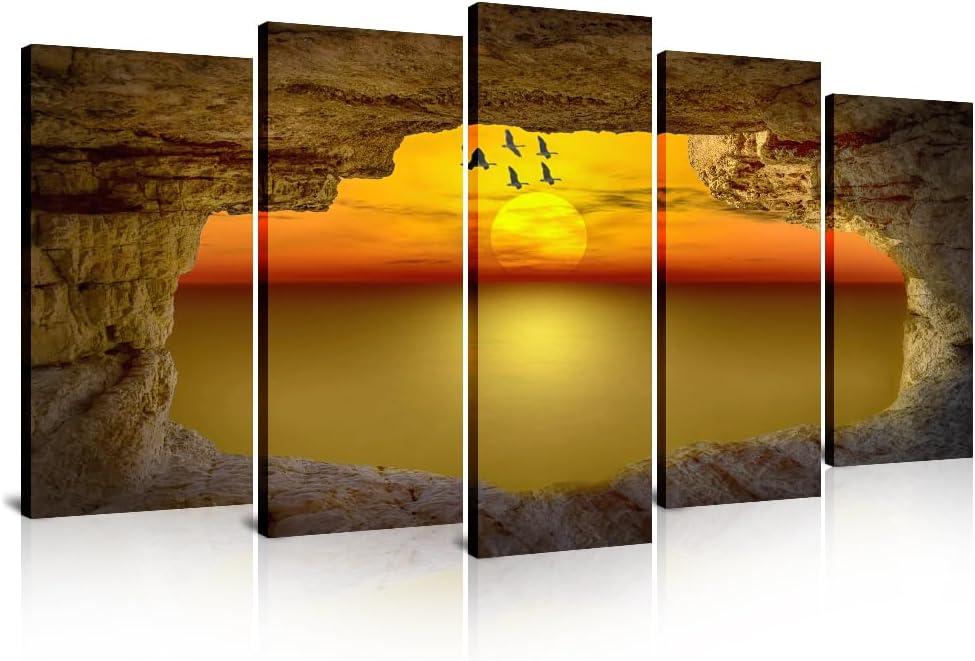 SATINO 5 Pieces Modern Large Canvas Wall Art Sunset Sky Clouds Sun Rock Sea Beach Picture Paintings on Canvas for Living Room Bathroom Bedroom Home Office Decor