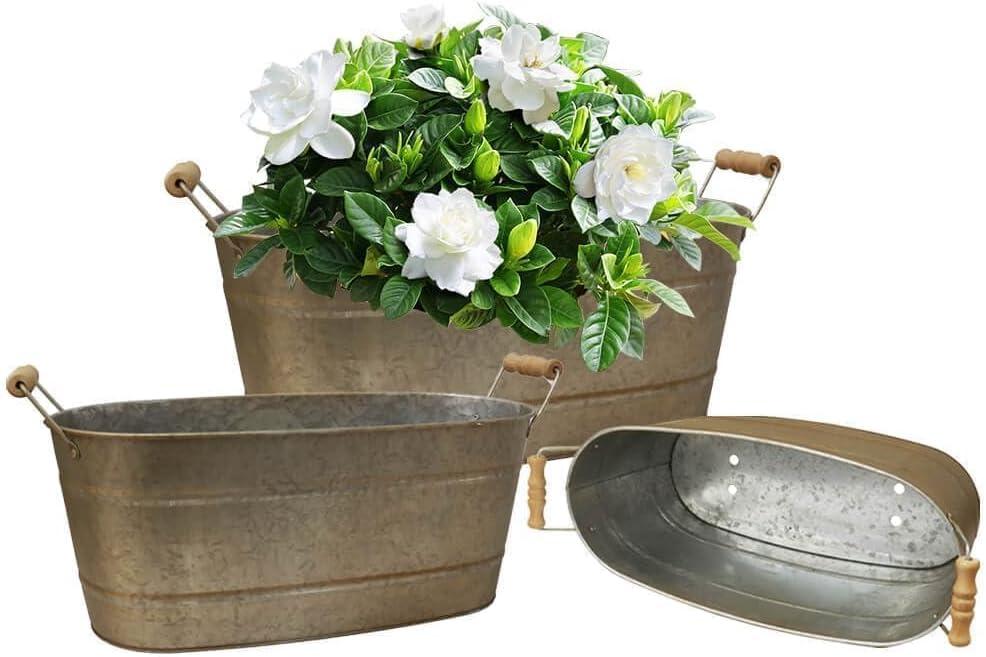 vensovo 15 Inch Galvanized Planters for Outdoor Plants - 3 Pcs Rustic Large Metal Flower Buckets with Drainage & Plug, Farmhouse Style Oval Planter Containers with Handles, Great for Home Decor