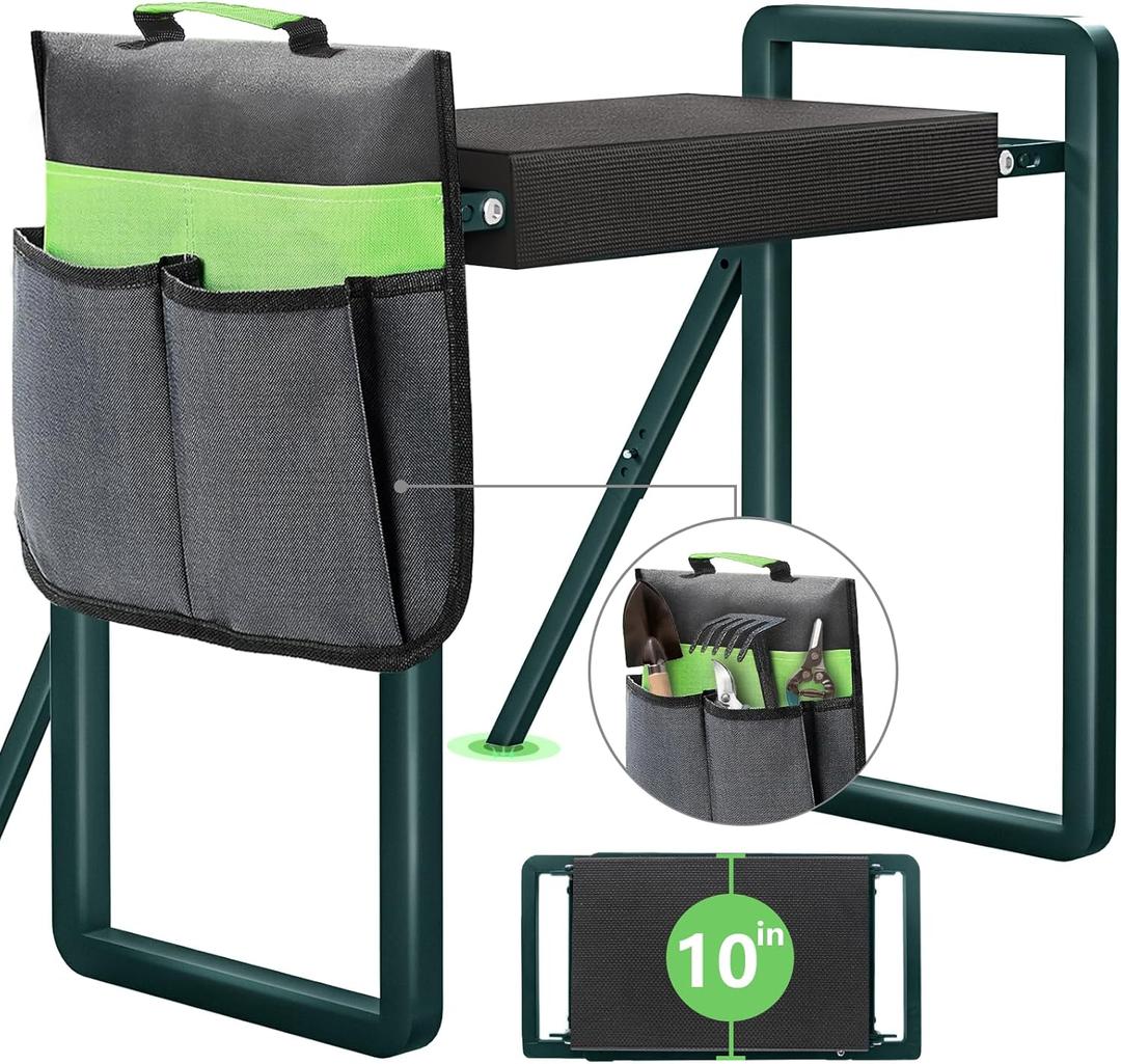 Foldable Garden Kneeler Seat Heavy Duty with Support Bracket [Upgraded Widened Thick 10'' Kneeling Pad] Garden Stool with Large Garden Tool Bags with Pockets -Gardening Gifts for Parents (Dark Green)