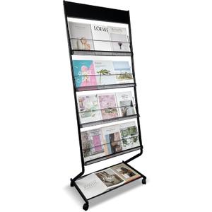 Tongmo Floor-Standing Magazine Rack 4-Layer with Wheels, Brochure Display Stand, High-hardness metal for Office,Exhibitions, and Any Organization Requiring Information Display (black)