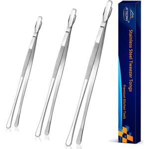 JETKONG 3 Pcs Extra Long Kitchen Tweezers Heavy Duty Stainless Steel Cooking Tweezers (9 12 14 Inch, Silver)