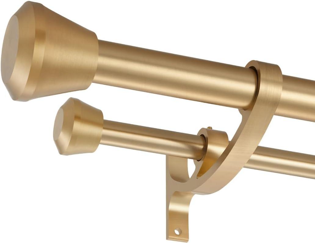 Warm Gold Double Curtain Rods for Window 28 to 48 Inch, Heavy Duty Double Drapery Rod with End Cap, 1-Inch Front and 5/8 Inch Back Double Window Rods, Decorative Telescoping Double Rod Curtain Rods