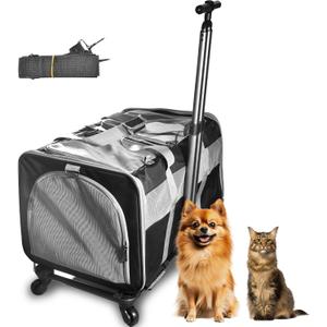 Cat Carrier for 2 Cats, Large Dog Cat Carrier with Wheels for Under 44lbs, Rolling Pet Carrier with Removable Pole Platform and Upgraded Wheels Dog Cat Travel Carrier for Hiking Camping, Black