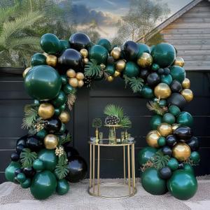 Emerald Green and gold black Balloon Garland Arch Kit Luxury Double Stuffed Dark Green Teal With Palm leaves for Summer luau hawaiian Aloha Jungle Birthday Decorations