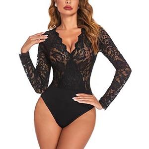 Avidlove Lace Bodysuit for Women Sexy Long Sleeve V Neck Body Suits Going Out Tops Snap Crotch One Piece Teddy Lingerie, L