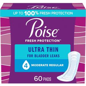 Poise Ultra Thin Incontinence Pads & Postpartum Incontinence Pads, 4 Drop Moderate Absorbency, Regular Length, 60 Count