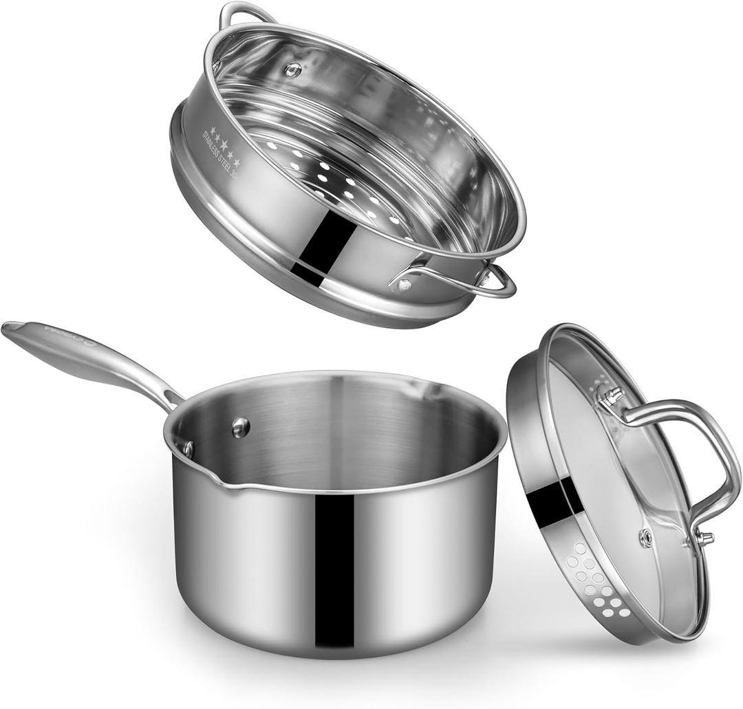 Tri-Ply Stainless Steel Sauce Pan with Steamer Basket & Straining Glass Lid 2-in-1 Multi-Function Pot for Steaming, Boiling & Simmering  Healthy, Durable, Rust-Resistant, Professional-Grade Cookware