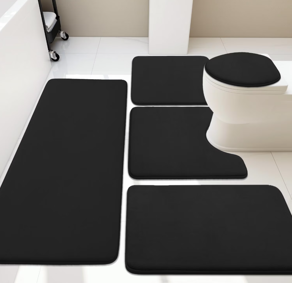Bathroom Rug Set 5 Piece, Memory Foam Bath Mat Set, Super Absorbent Bath Mats for Bathroom - Non-Slip & Washable Bathroom Rugs - Dry Quickly Bath Rugs, Black Bathroom Rug Set