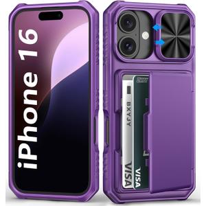 BXYJY for iPhone 16 Wallet Case with Camera Cover, Built-in Card Holder (4-5 Cards), RFID Blocking, Military Grade Protection, Heavy Duty Women Men Protective Phone Case for iPhone 16, Dark Purple