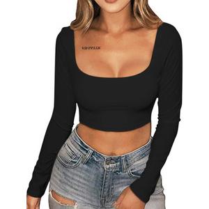 XXTAXN Women's Sexy Bodycon Fitted Square Neck Long Sleeve Basic T-Shirt Crop Top (Large, Black)