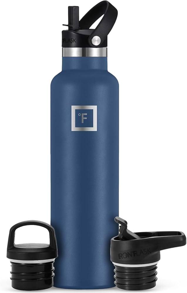 IRON °FLASK Camping & Hiking Hydration Canteens - 3 Lids (Narrow Straw Lid) Leak Proof Vacuum Insulated Stainless Steel - Hot & Cold Double Walled Sports Water Bottle - Dark Night, 24 Oz