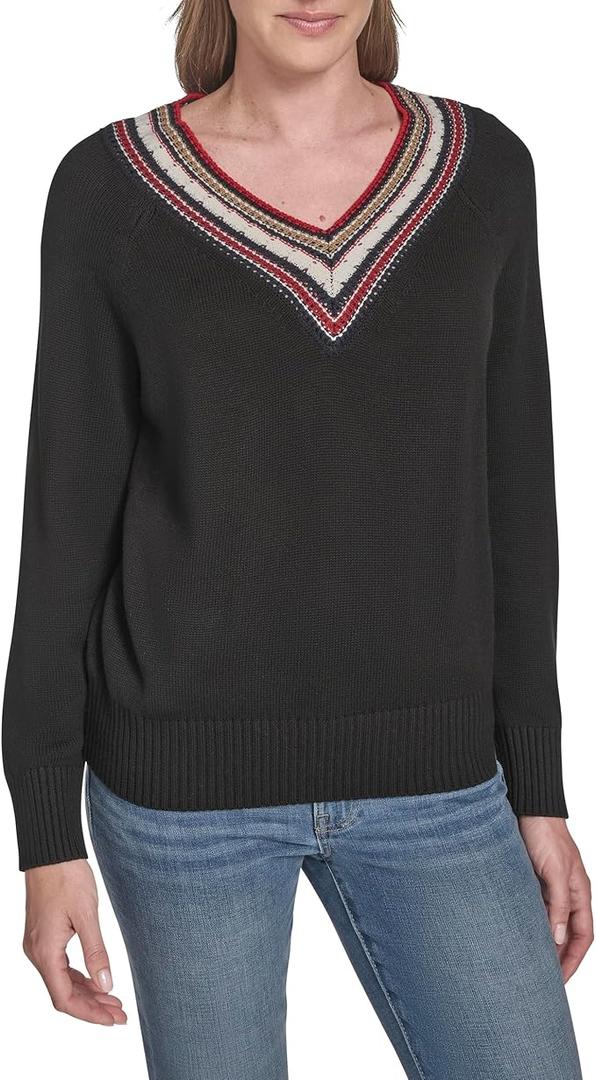 Tommy Hilfiger Women's Sportswear VNeck Sweater, Black, XLarge