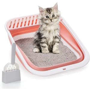 Open Top Cat Litter Box, Large Foldable Cat Potty Height-Adjustable Sides Anti-Splash, Open Air Kitty Litter Pan No Smell, Cat Toilet Easy Clean with Cat Litter Scoop (Pink)