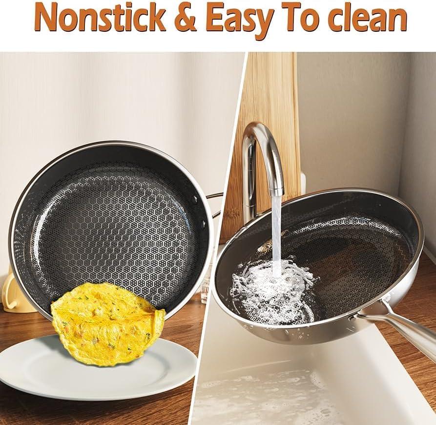 Kiseely Set of 3 Frying Pans, 26 cm + 28 cm + 30 cm, Diamond Non-Stick Frying Pan, Premium Stainless Steel, Suitable for Induction, PTFE Free, PFAS Free, PFOA Free (FG1)