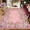 Wonnitar Washable Rug 6x9, Pink Botanical Area Rug for Girls Bedroom, Non-Slip Soft Nursery Kids Room Floral Rug Thin Throw Carpet for Dorm Living Room Decor (Pink, 6'x9')