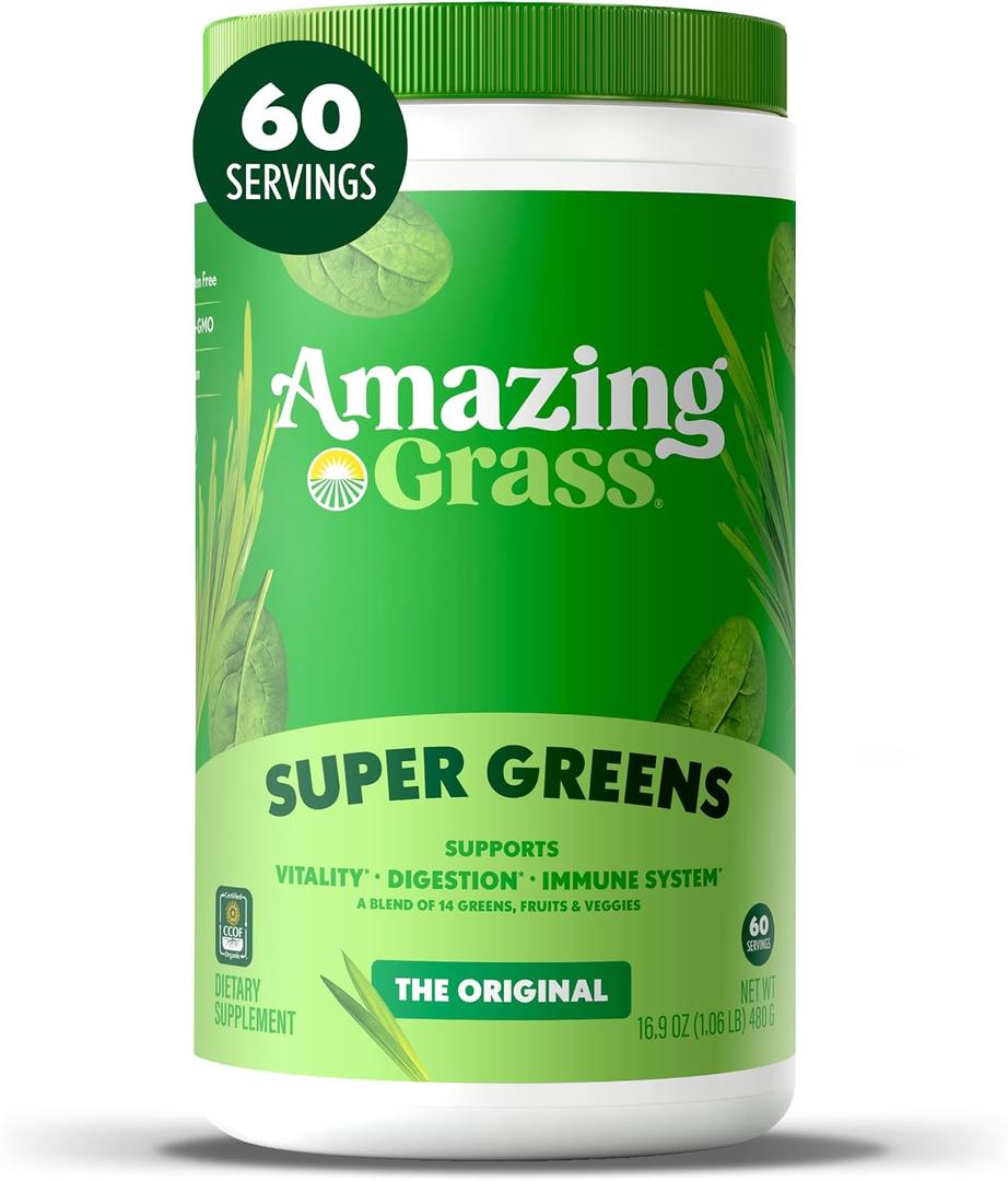 Amazing Grass Super Greens Powder, Organic, Greens Superfood Powder, Smoothie Supplements, Supports Digestion, Probiotics, Spirulina, Beet Root, Original, 60 Servings, 16.9 Ounce (Packaging May Vary) (EXP 12/17/26)