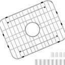 GUUKIN Sink Protectors for Kitchen Sink Bottom, 18" x 12-1/2"Stainless Steel Sink Protector with Center Drain Hole, Grid Rack Mat with Extra Replacement White Rubber Fee