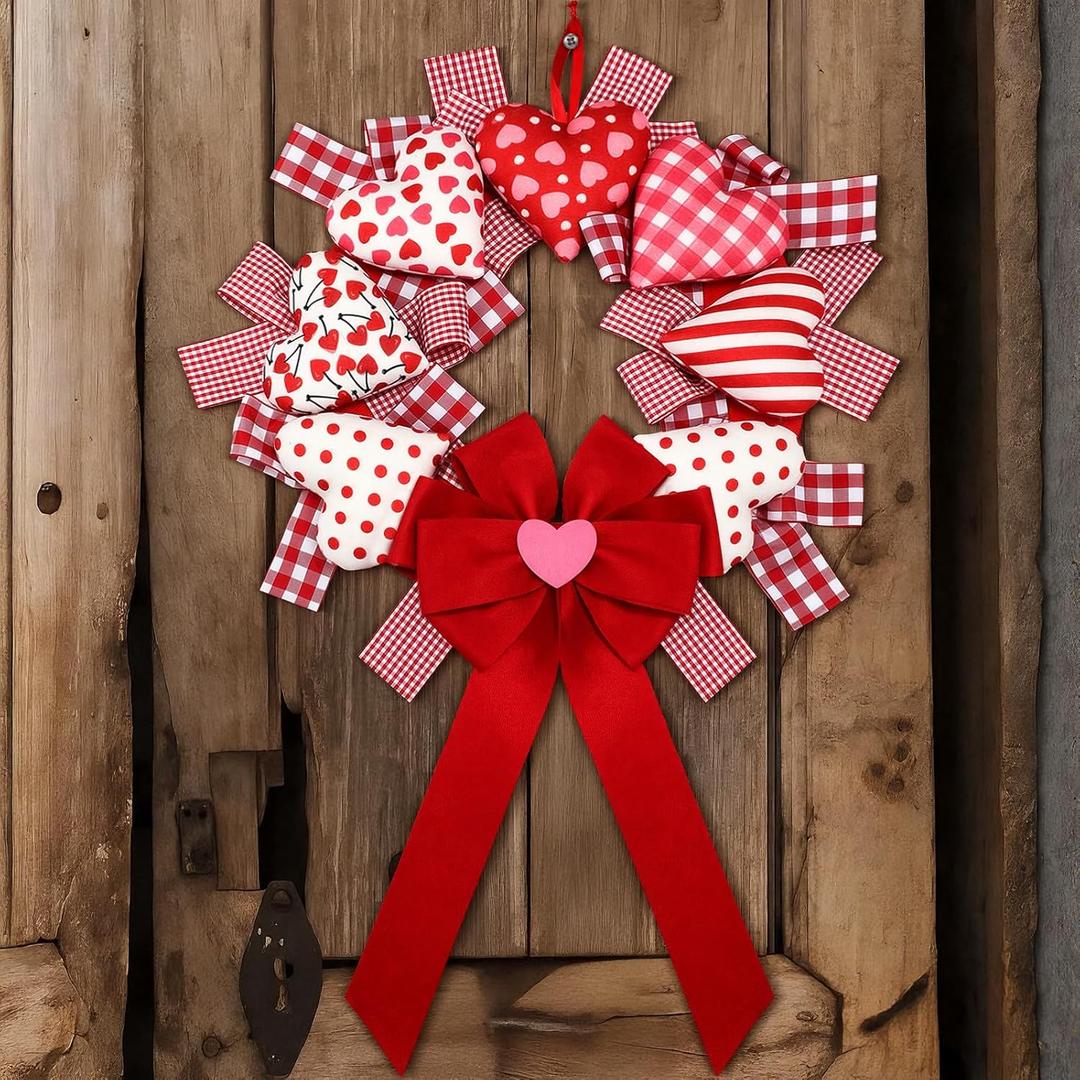 Valentine's Day Wreath 14'' Love Heart Wreath with 3D Heart Ornaments for Front Door 24'' Long Window Porch Home Wedding Festival Celebration Wall Decorations(Bow)