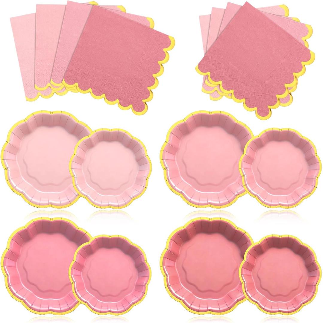Vesici 60 Pcs Pink Party Plates with Napkins 9 Inch 7 Inch Paper Plates and Disposable Napkins with Gold Foil Border for Bridal Baby Shower Tea Birthday Wedding Party Supplies