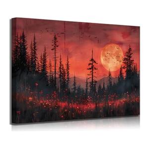 Zoirvix Red Full Moon Forest Canvas Wall Art 16x24 Inch