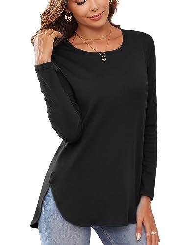 Herou Women Long Sleeve Shirts for Women Petite Cute Crew Neck Soft Side Slit Shirts Black X-Large