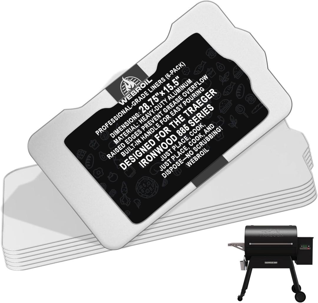 6 Packs BAC521 Drip Tray Liners for Traeger Ironwood 885 Pellet Smoker Grills, Heat-Resistant Foil Liners for Traeger Ironwood 885 Accessories, Aluminum Tray for Catching Grease 28.75" x 15.5"