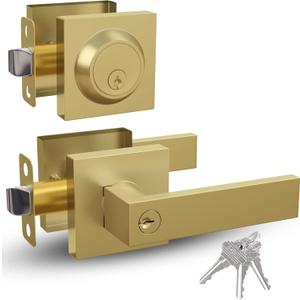 Mega Handles ROBELL Entrance Combo, Entry Lever Door Handle & Single Cylinder Deadbolt Lock & Key Combo Pack, Heavy Duty Square Locking Door Levers Set for Left or Right-Handed Doors - Satin Brass