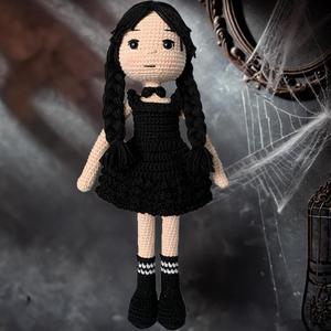 Tiny Things Wednesday Addams Style Handmade Crochet Knitted Doll, Halloween Accessory, Wednesday Addams Toy for Horror Lovers, Horror and Cuteness Together 12.6 in