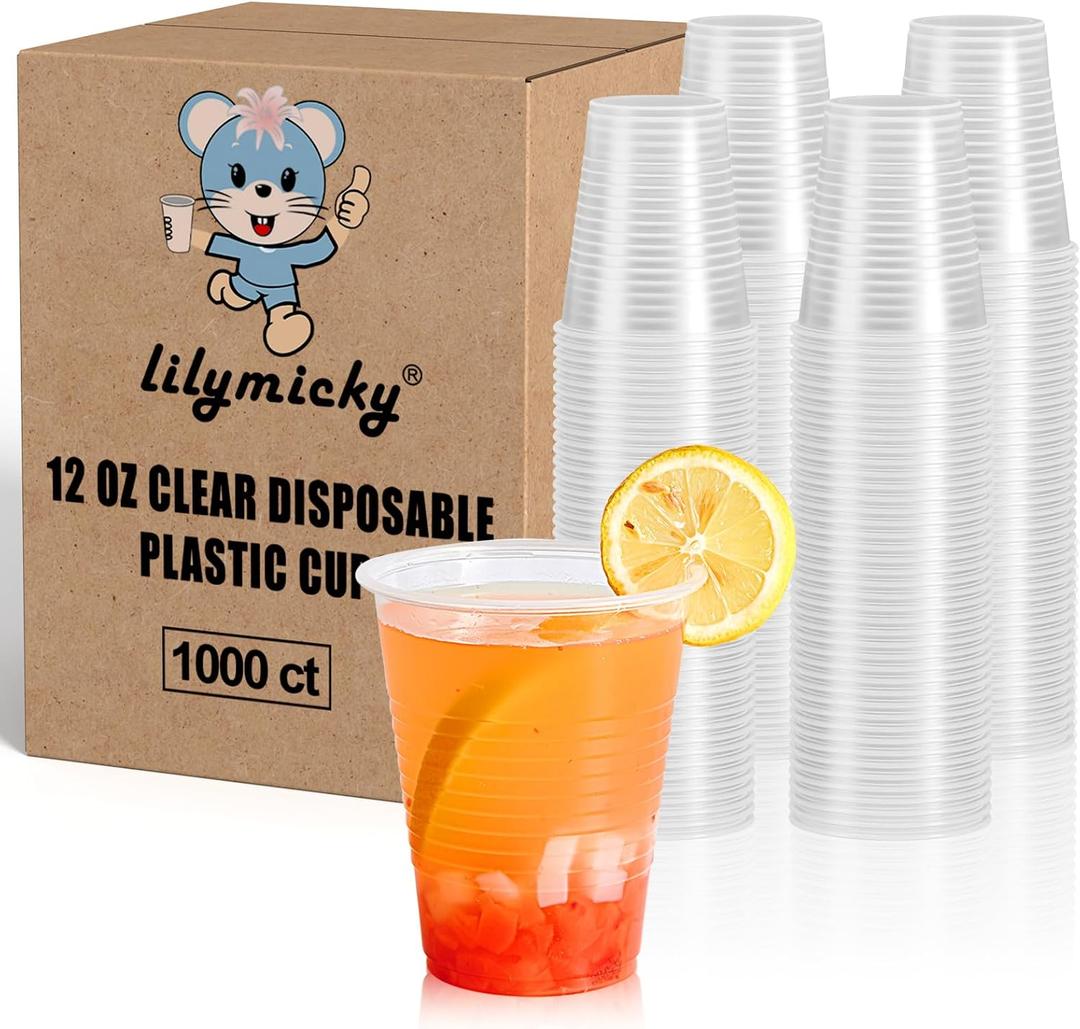 Lilymicky 1000 PACK 12 oz Clear Plastic Cups, Cold Disposable Party Drinking Cups for Parties, Picnic, BBQ & Events, 12 OZ-1000ct
