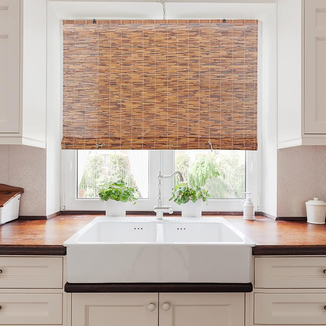 Forever Bamboo Light-Filtering Cord-Free Bamboo Reed Roll-Up Blind Shades for Windows Manual Roman Blinds Coffee 48 in W x 72 in H