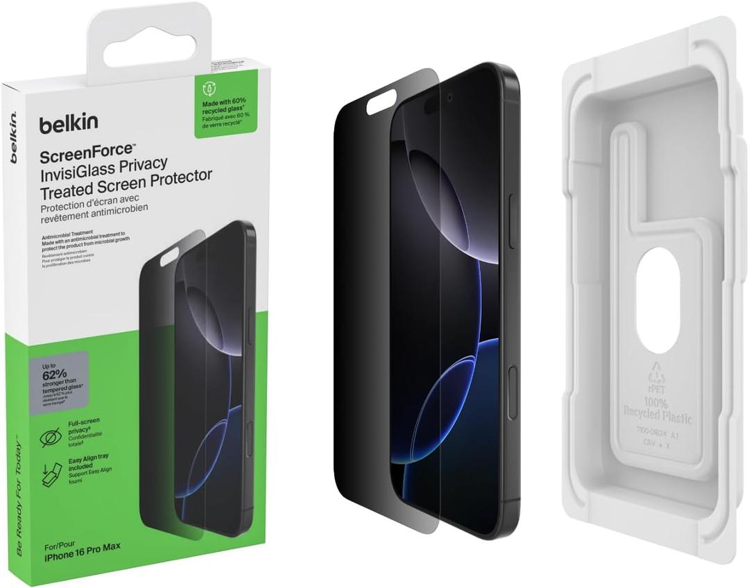 Belkin ScreenForce InvisiGlass Privacy Screen Protector for iPhone 16 Pro Max, Scratch-Resistant Impact Protection w/Included Easy Align Tray for Bubble Free Application - Made with Recycled Glass