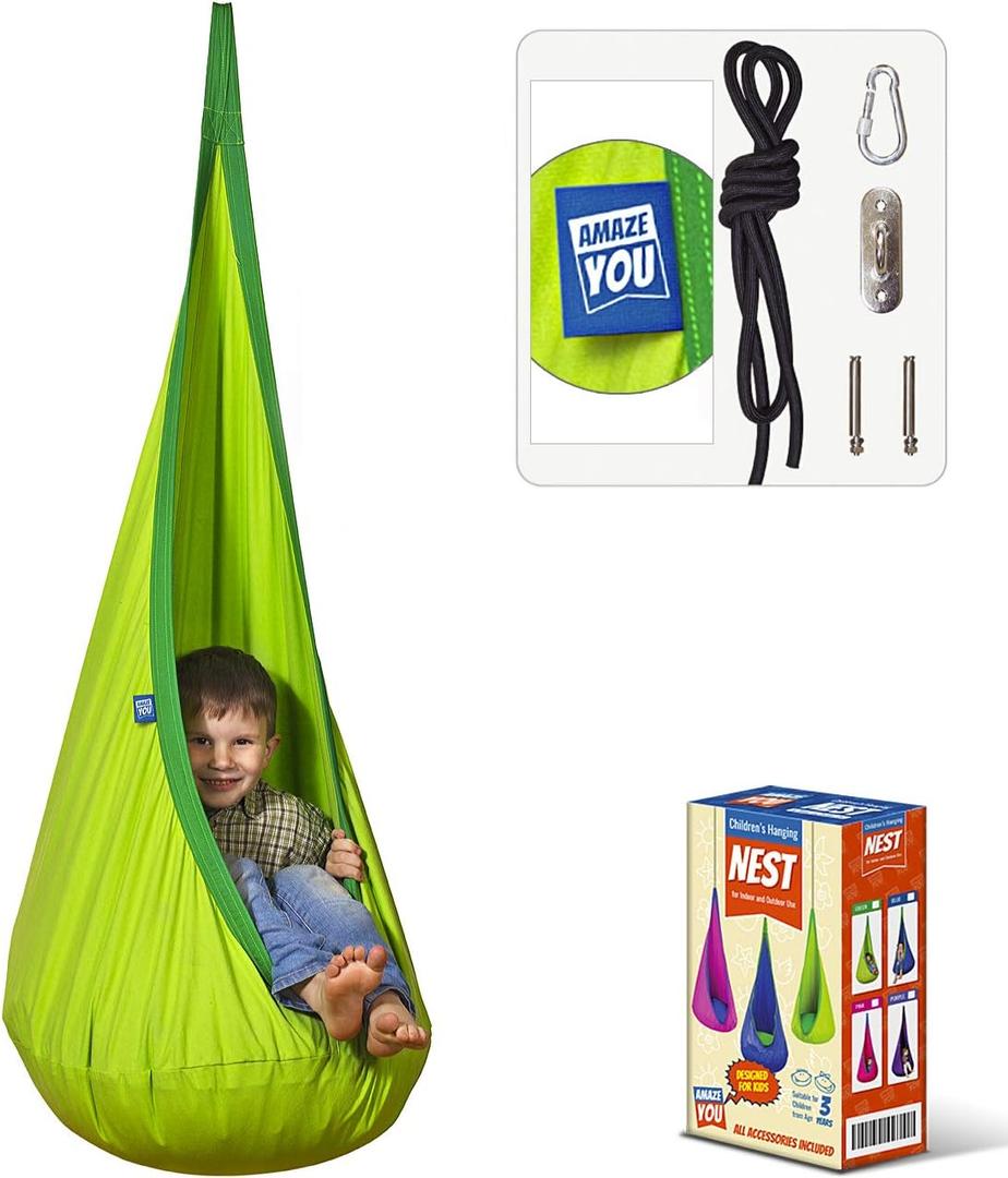 Kids Swing Hammock Pod Chair - Child's Rope Hanging Sensory Seat Nest Indoor Outdoor Use Inflatable Pillow - Great Children, All Accessories Included (Green)
