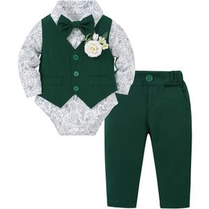 Coco&RARA Baby Boy Clothes Suits Infant Gentleman Outfits, Formal Dress Shirt+Vest+Corsage+tie+Pants Baby Suit Set 0-18M (6-12 Months, Green)