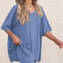 PRETTYGARDEN 2 Piece Sets for Women Summer 2026 Lounge Short Set Spring Matching Biker Shorts V Neck Oversized Shirt Clothing (Blue, XL)
