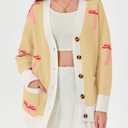 Saodimallsu Womens Oversized Cardigan Sweaters Bow Printed Button V Neck Long Sleeve Loose Knit Fall Trendy Coats Yellow (Yellow)