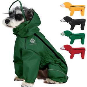 PINA Waterproof Dog Jacket with Hood, Lightweight with Leash Hole, Dog Poncho with Reflective Strap - Full Wrap protect (Green)