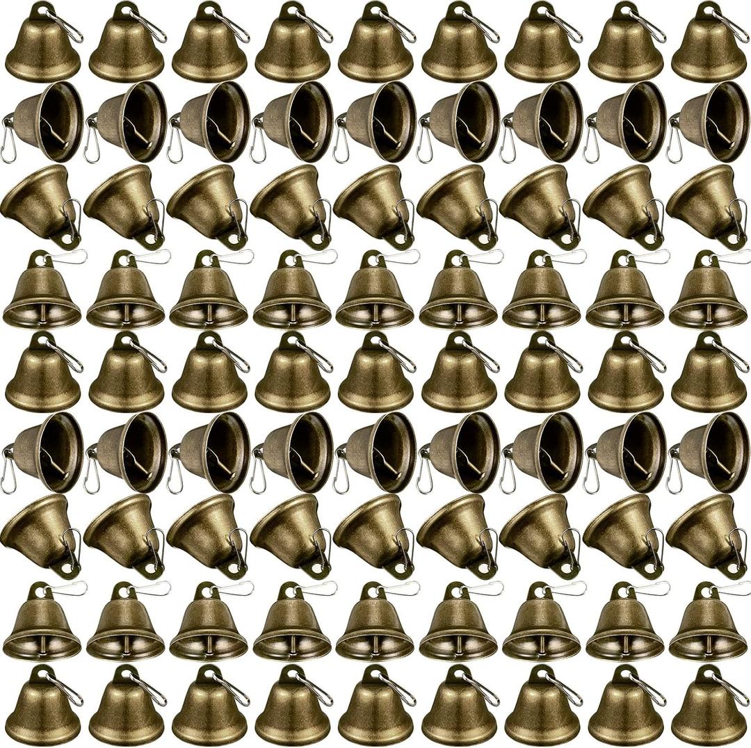 Shimeyao 100 Pieces Bronze Bells 1.5 x 1.57 Inch Vintage Small Bells with Spring Hooks for Craft Wind Chimes Dog Potty Training Doorbell Wedding Decor Craft Making Hanging Favor