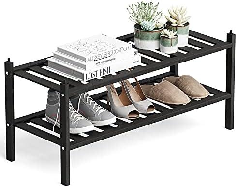 Dranixly Shoe Rack, 2-Tier Bamboo Stackable Shelf Storage Organizer, Stand for Closet, Entryway and Hallway Black