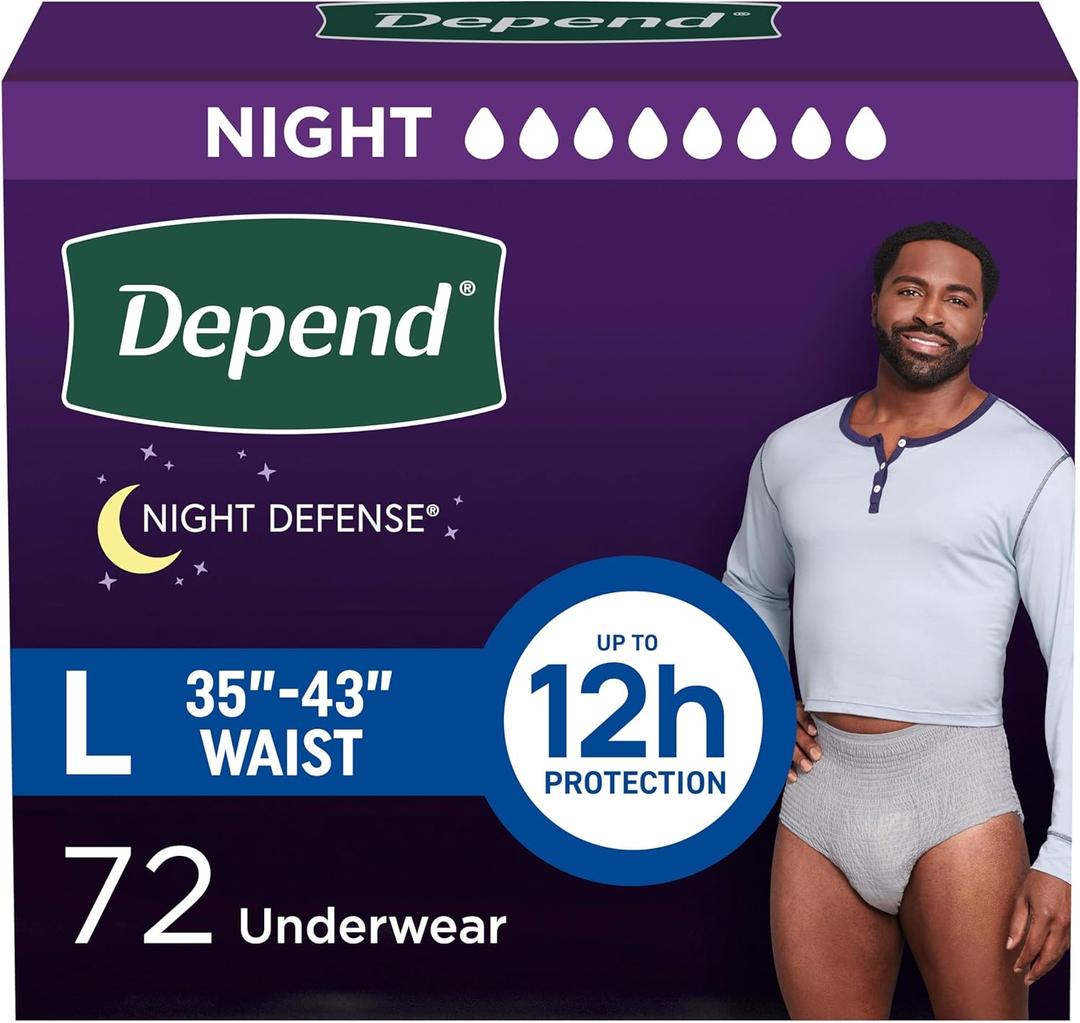 Depend Night Defense Adult Diapers, Incontinence Underwear for Men, Disposable, Overnight, Large, Grey, 72 Count