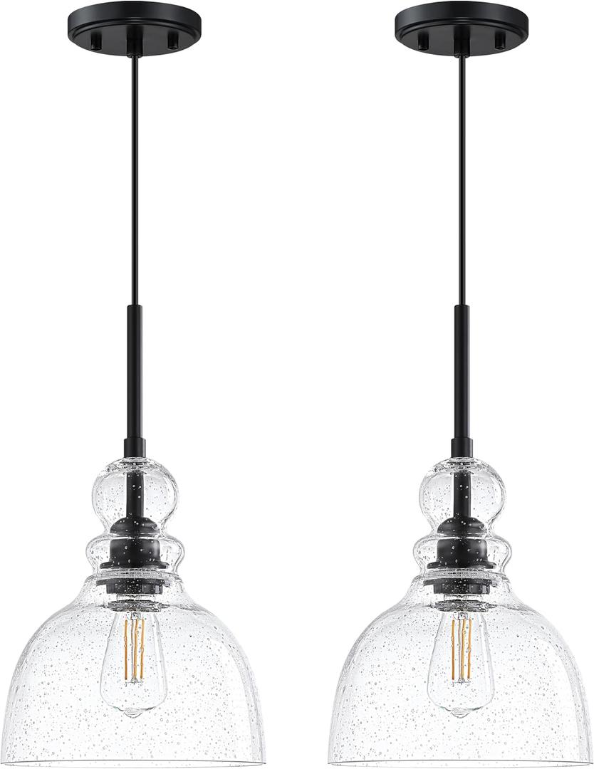 2 Pack 1 Light Hanging Kitchen Island Pendant Light 7.3" Clear Seeded Glass Indoor Pendant Ceiling Light Fixtures,Black Finish Modern Farmhouse Dinning Over Sink