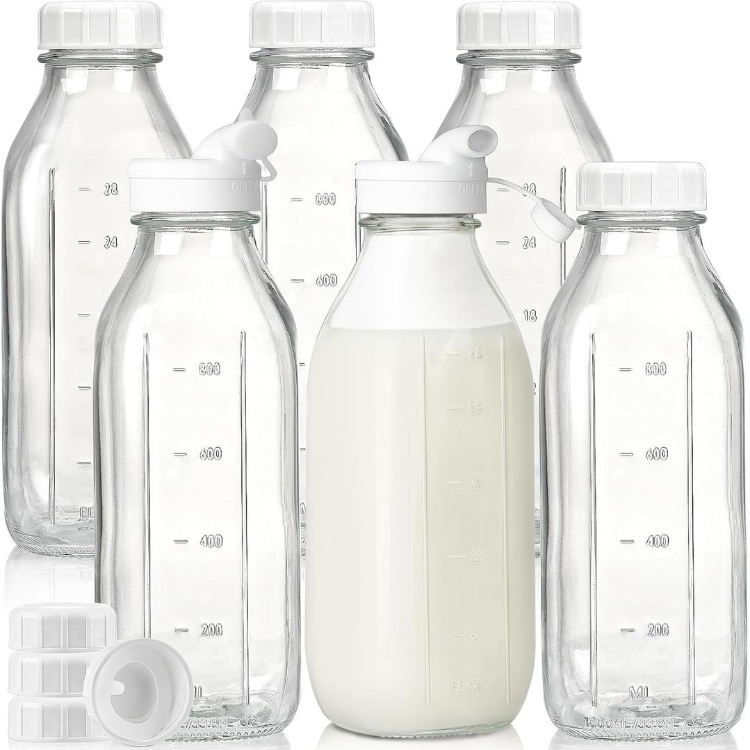 Liter Glass Milk Bottles w 100% Airtight Heavy Duty Screw Lid & 2 Dispenser- 6 Pack 32 Oz Drinking Jars - Food Grade Glass Bottles for Milk, Honey, Jam - Dishwasher Safe(Extra 2 Lids and Stickers)
